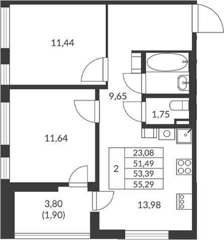 Планировка — Амурино, 2-комн., 51 м²