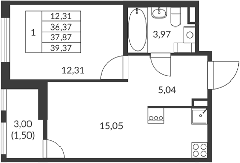 Планировка — Амурино, 1-комн., 36 м²