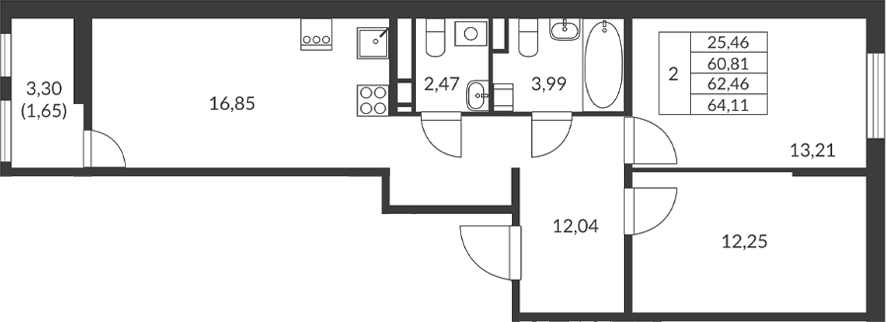 Планировка — Амурино, 2-комн., 61 м²