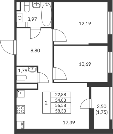 Планировка — Амурино, 2-комн., 55 м²