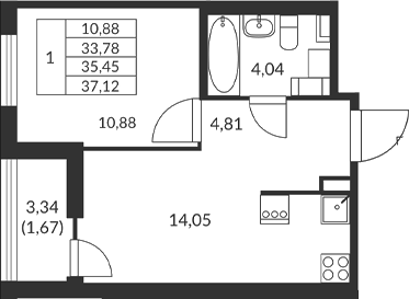 Планировка — Амурино, 1-комн., 34 м²