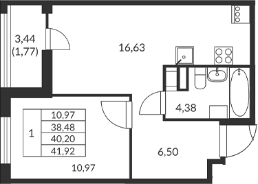 Планировка — Амурино, 1-комн., 38 м²