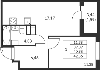 Планировка — Амурино, 1-комн., 39 м²