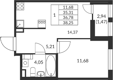 Планировка — Амурино, 1-комн., 35 м²