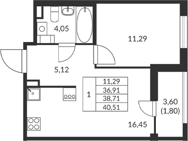 Планировка — Амурино, 1-комн., 37 м²