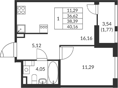 Планировка — Амурино, 1-комн., 37 м²