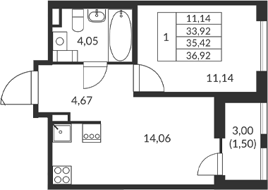 Планировка — Амурино, 1-комн., 34 м²