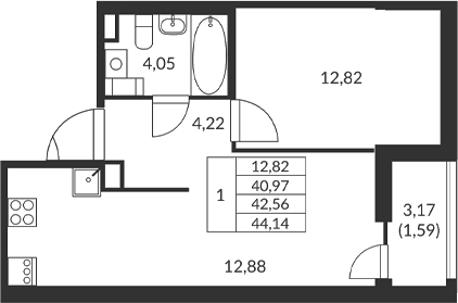 Планировка — Амурино, 1-комн., 41 м²