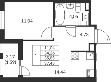 Планировка — Амурино, 1-комн., 34 м²