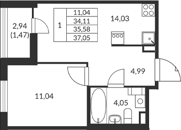 Планировка — Амурино, 1-комн., 34 м²