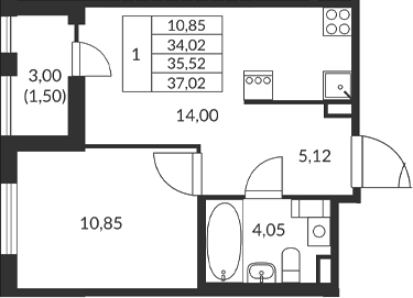 Планировка — Амурино, 1-комн., 34 м²