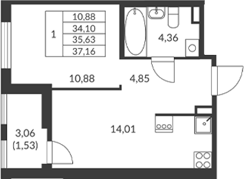 Планировка — Амурино, 1-комн., 34 м²