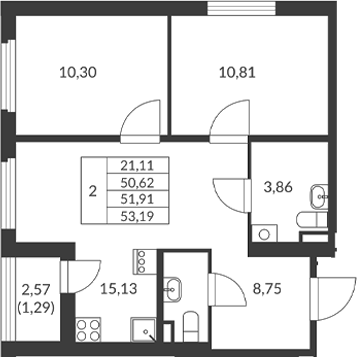 Планировка — Амурино, 2-комн., 51 м²