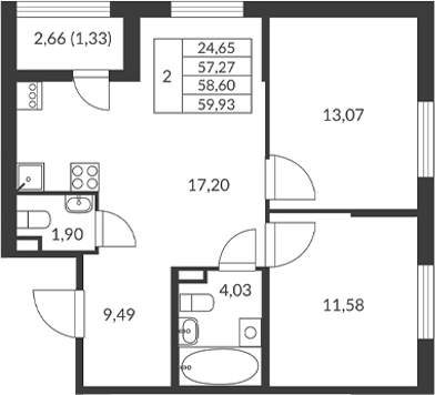 Планировка — Амурино, 2-комн., 57 м²