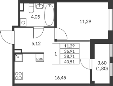 Планировка — Амурино, 1-комн., 37 м²
