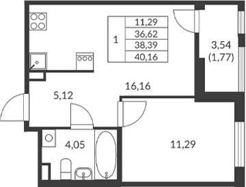Планировка — Амурино, 1-комн., 37 м²