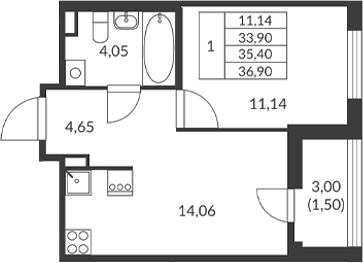 Планировка — Амурино, 1-комн., 34 м²