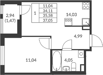 Планировка — Амурино, 1-комн., 34 м²