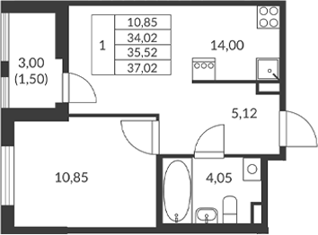 Планировка — Амурино, 1-комн., 34 м²
