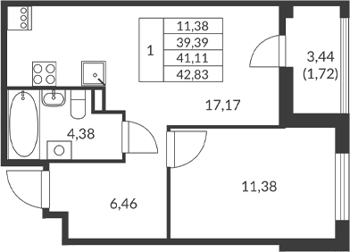 Планировка — Амурино, 1-комн., 39 м²