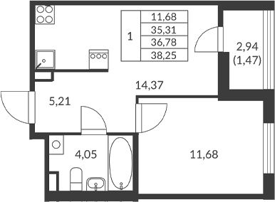 Планировка — Амурино, 1-комн., 35 м²