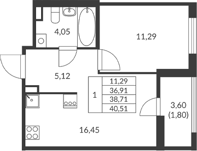 Планировка — Амурино, 1-комн., 37 м²