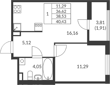 Планировка — Амурино, 1-комн., 37 м²