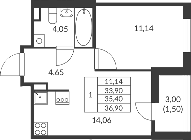 Планировка — Амурино, 1-комн., 34 м²