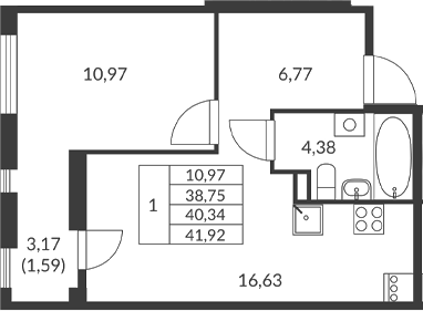 Планировка — Амурино, 1-комн., 39 м²