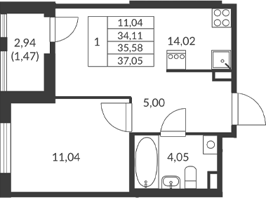 Планировка — Амурино, 1-комн., 34 м²