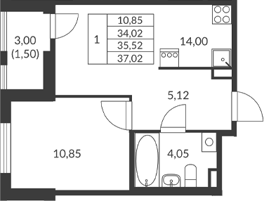 Планировка — Амурино, 1-комн., 34 м²
