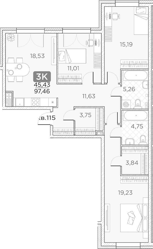 Планировка — Гильдия, 4-комн., 97 м²