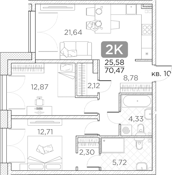 Планировка — Гильдия, 3-комн., 70 м²