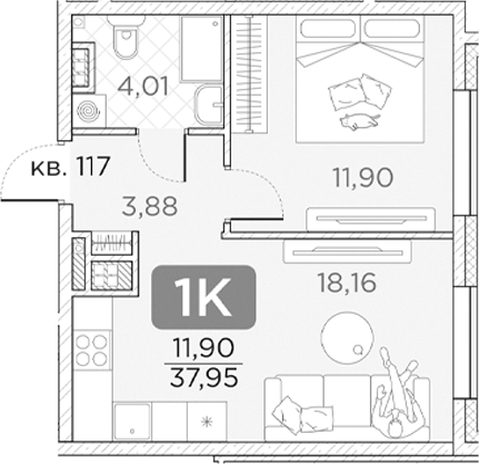 Планировка — Гильдия, 2-комн., 38 м²