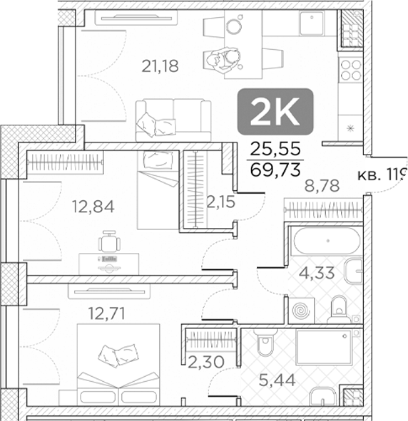 Планировка — Гильдия, 3-комн., 70 м²