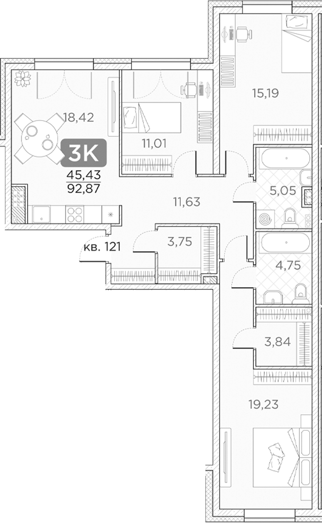 Планировка — Гильдия, 4-комн., 93 м²