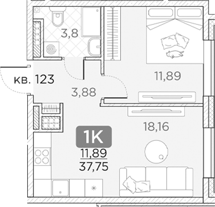 Планировка — Гильдия, 2-комн., 38 м²