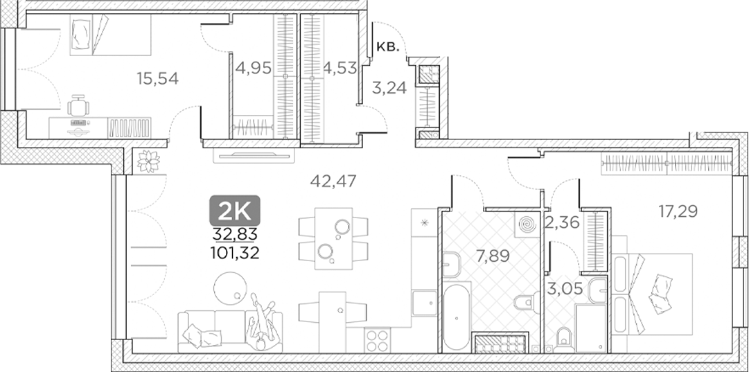 Планировка — Гильдия, 3-комн., 101 м²