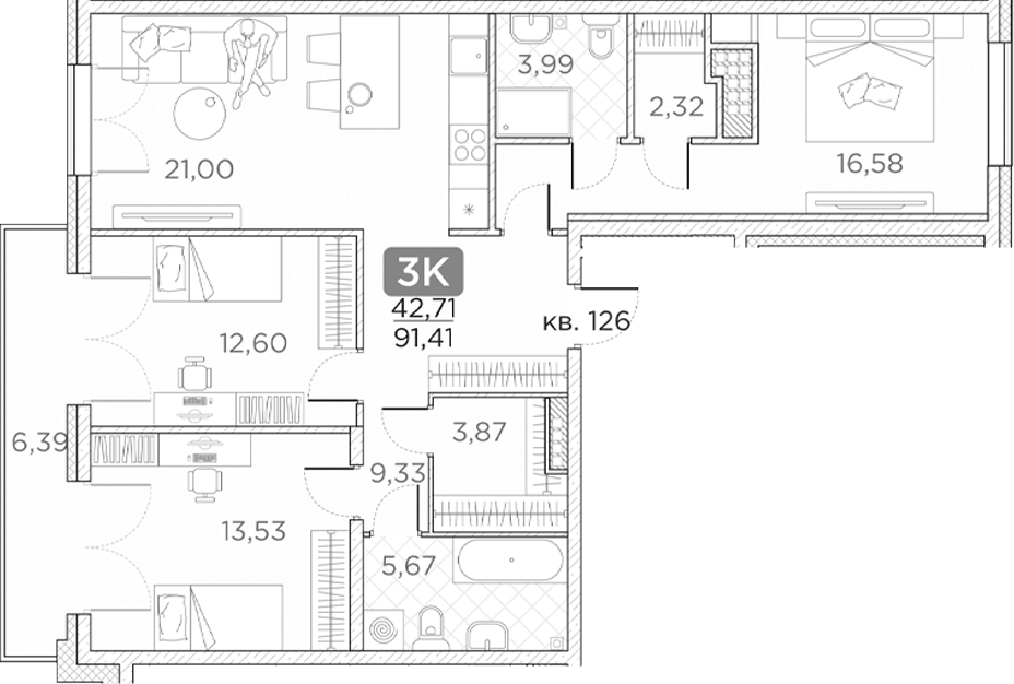 Планировка — Гильдия, 4-комн., 89 м²