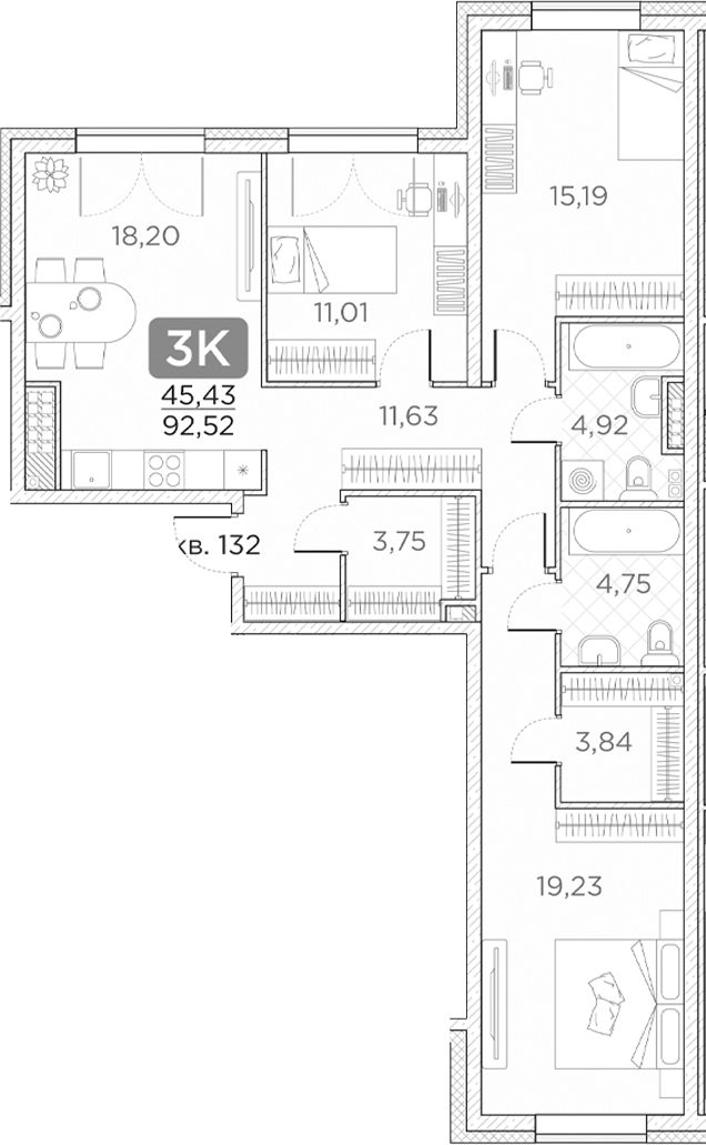 Планировка — Гильдия, 4-комн., 93 м²