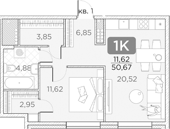 Планировка — Гильдия, 2-комн., 51 м²