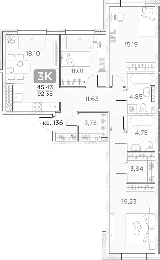 Планировка — Гильдия, 4-комн., 92 м²