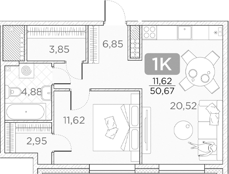 Планировка — Гильдия, 2-комн., 51 м²
