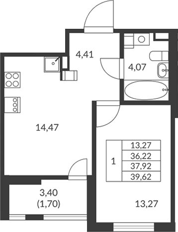 Планировка — Амурино, 1-комн., 36 м²