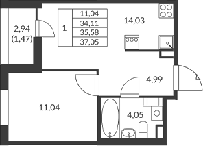 Планировка — Амурино, 1-комн., 34 м²