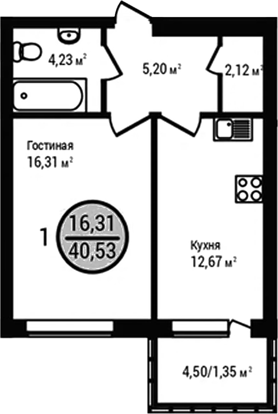 Планировка — УЮТ, 1-комн., 39 м²