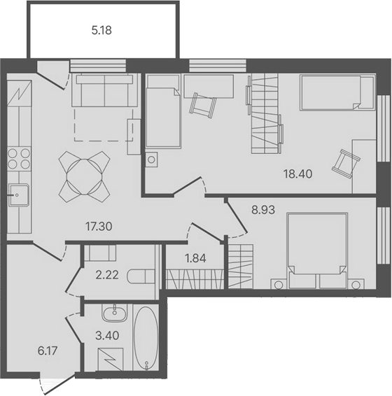 Планировка — Рауни, 2-комн., 58 м²
