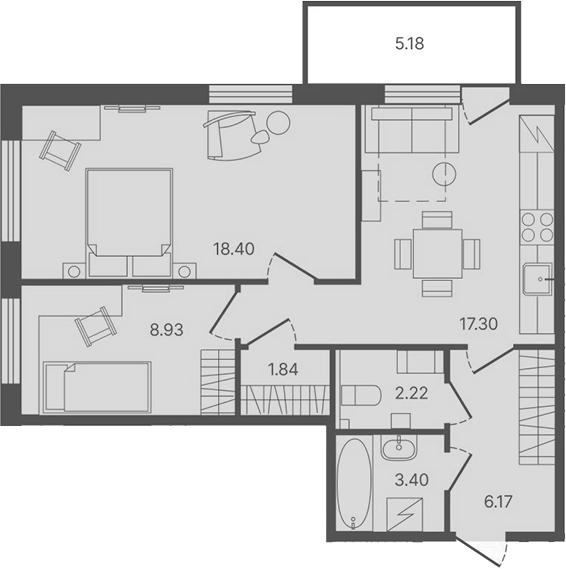 Планировка — Рауни, 2-комн., 58 м²