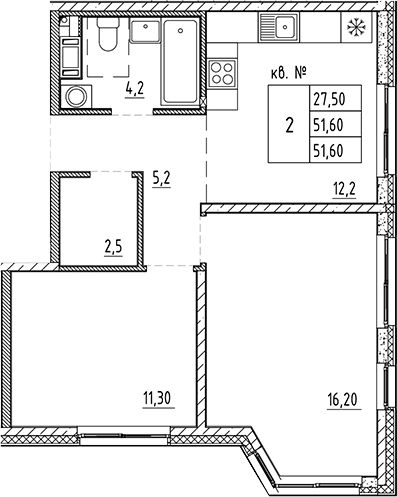 Планировка — PLUS Пулковский, 2-комн., 52 м²