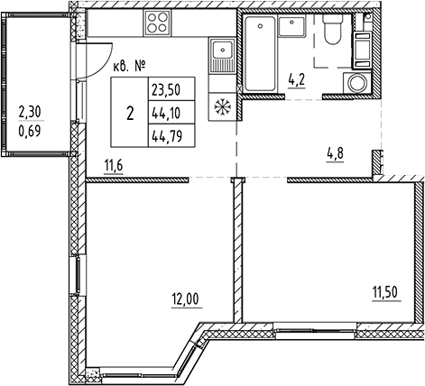 Планировка — PLUS Пулковский, 2-комн., 44 м²